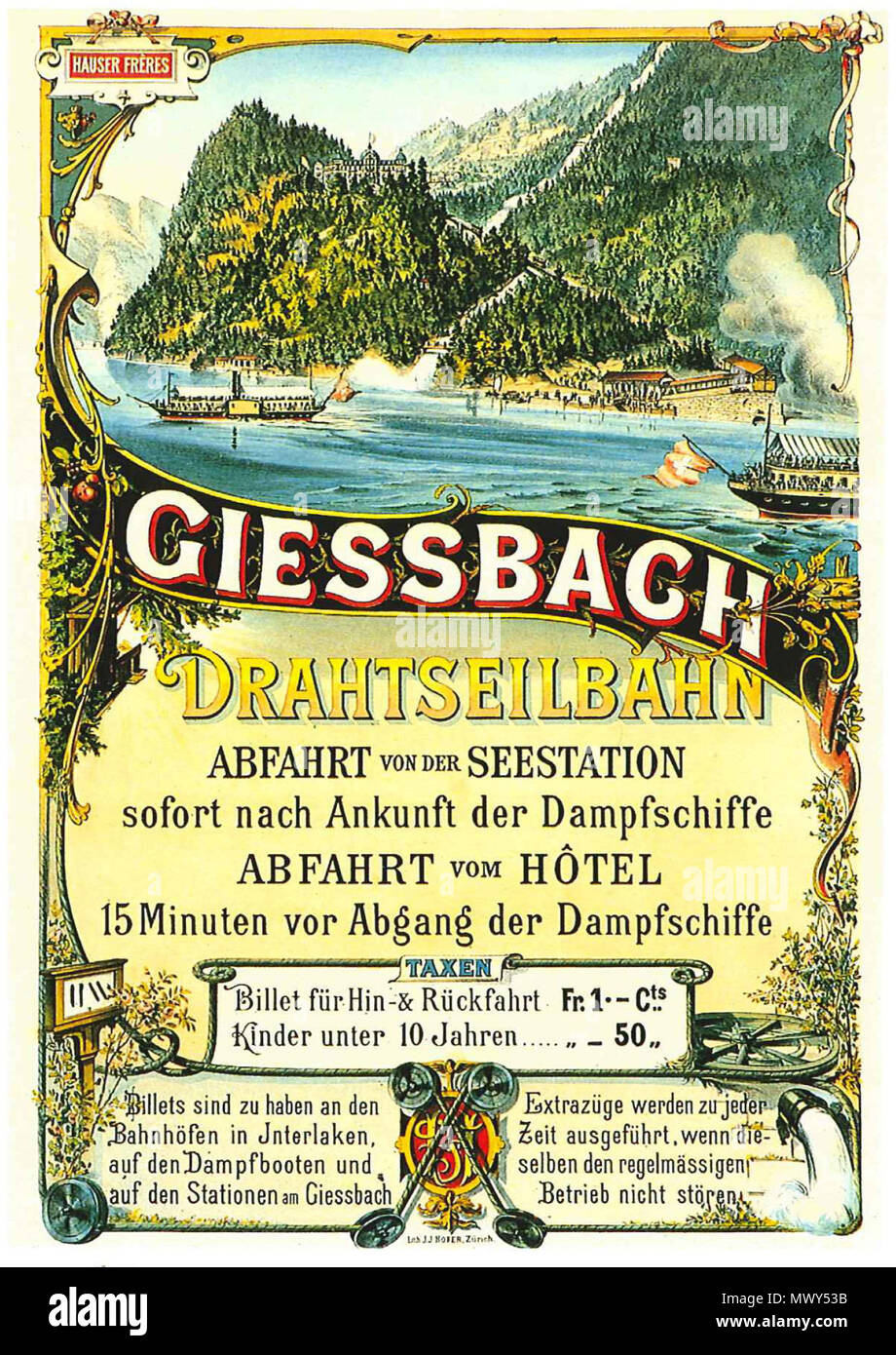 . English: Poster advertising the Giessbachbahn near Lake Brienz, Switserland, about 1880. Original is in the poster collection of the Museum für Gestaltung in Zürich. circa 1880. Unknown 487 Plakat Giessbach Drahtseilbahn 1880 Stock Photo