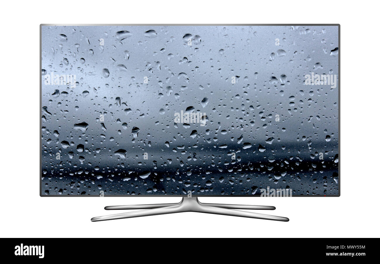 Smart tv isolated on white with water drops on screen Stock Photo