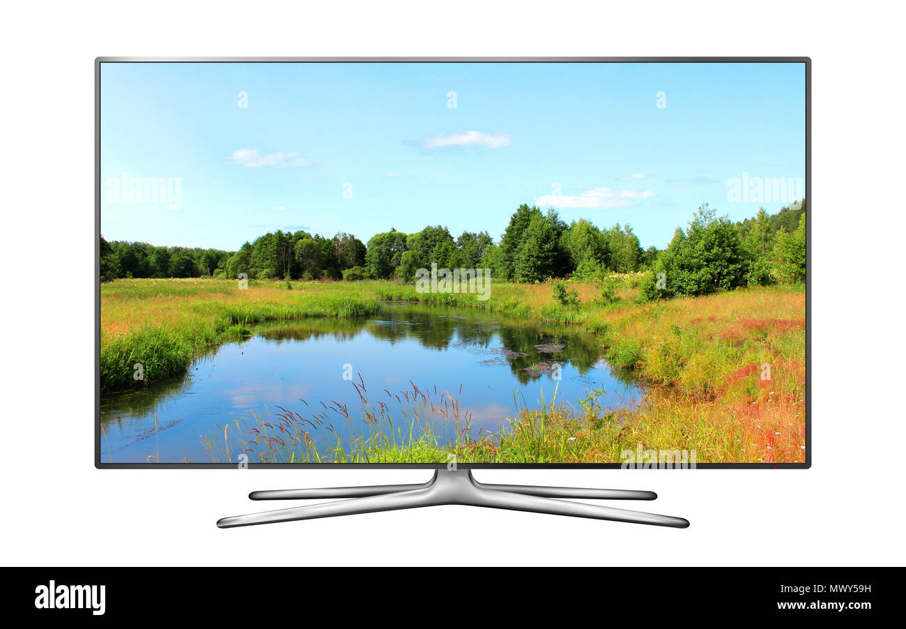 Smart TV screen isolated with nature wallpaper Stock Photo