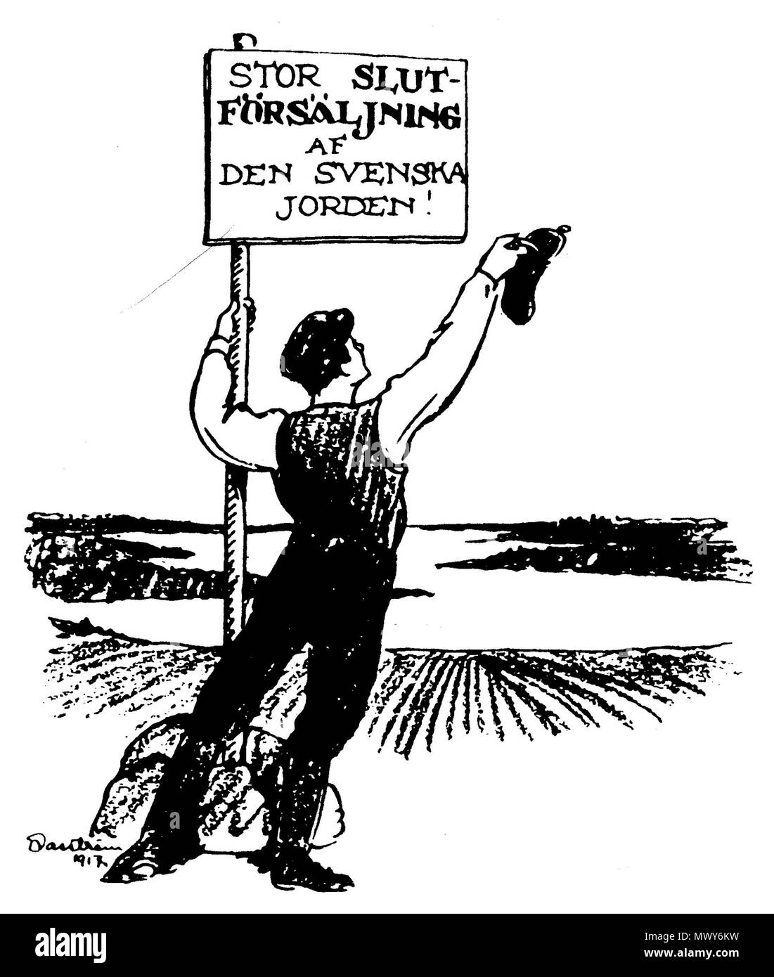 . English: In a cartoon from 1917, the comic magazine Fyren alludes to the Swedish People's Party's poster 'The man with the flag'. The cartoon makes ironic remarks over the selling of Swedish lands to Finnish buyers in the Swedish-speaking regions of Finland. The text reads: Great clearance sale of the Swedish lands. Svenska: Skämttidningen Fyren anspelar i en teckning 1917 på Svenska folkpartiets affisch 'Mannen med flaggan'. Teckningen ironiserar över försäljning av svenska jordegendomar till finska köpare. 1917. Eric Vasström (1887–1958) 158 Den svenska jorden Stock Photo