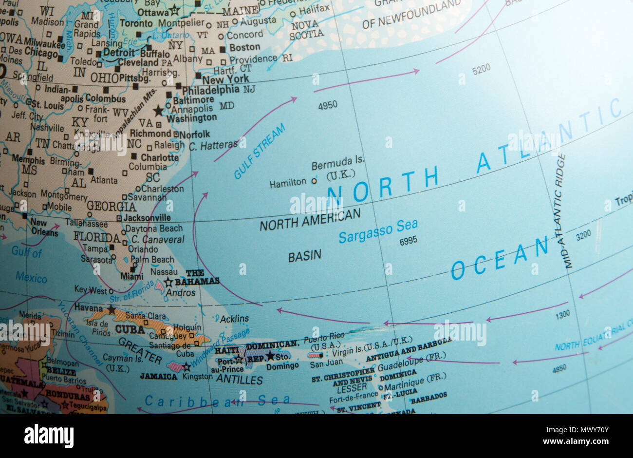 North Atlantic Ocean map on a globe focused on Gulf Stream ocean current and Sargasso Sea Stock Photo
