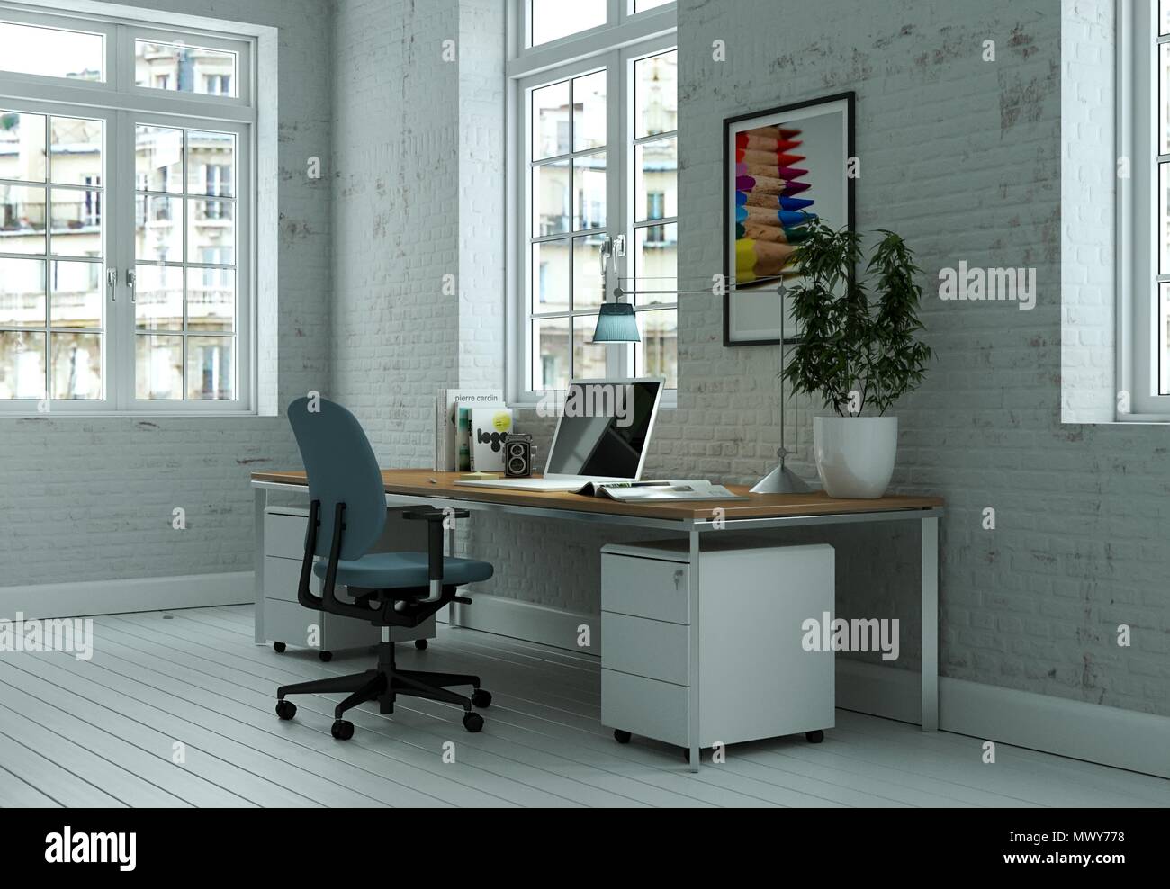 Modern white home office interior design 3d Rendering Stock Photo Alamy