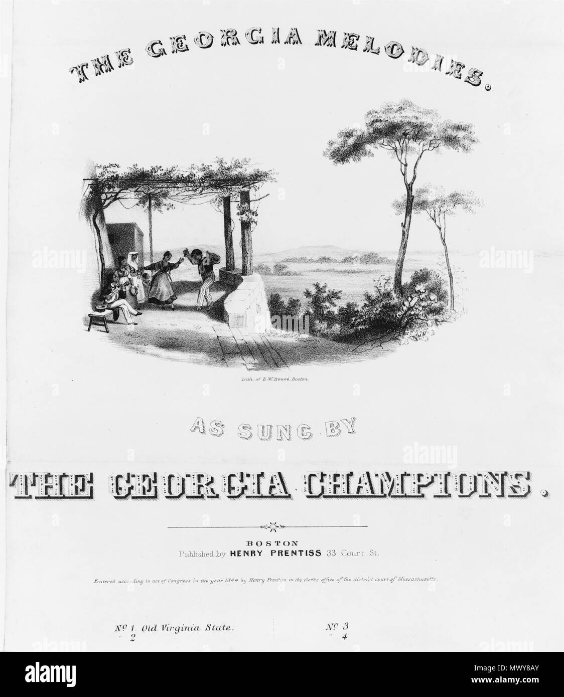 . The Georgia melodies. As sung by the Georgia Champions / Lith. of E.W. Bouve, Boston. MEDIUM: 1 print : lithograph. CREATED/PUBLISHED: Boston : published by Henry Prentiss, c1844. CREATOR: Bouve, Ephraim W., 1817-1897, artist. REPOSITORY: Library of Congress, Prints and Photographs Division, Washington, D.C. 20540 USA . 1844. E.W. Bouvé 7 1844 GeorgiaMelodies byEWBouve HPrentiss Boston LC Stock Photo