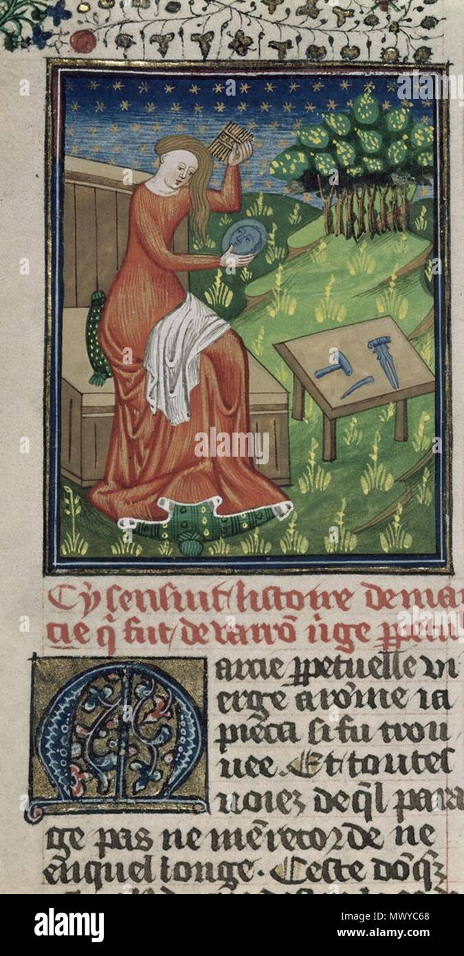 Marcia with mirror, comb & sculptor's tools, by the Talbot Master. From  Boccacio, de mulieribus claris/Le livre de femmes nobles et renomées (trad.  anonyme), c. 1440, northern French (Rouen). British Library,
