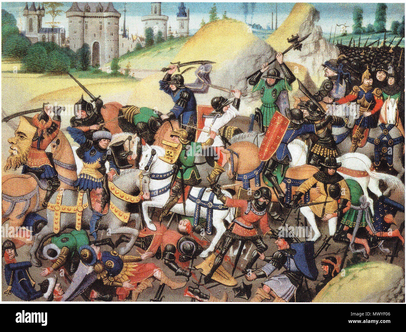 . English: Crusades fighting in a battle in front of Antioch while the Siege of Antioch in 1097 and 1098. Deutsch: Kreuzritter in einem Gefecht vor den Mauern Antiochias im Zuge der Belagerung der Stadt in den Jahren 1097 und 1098 . Miniature from the 14. Century. Unknown 75 Battle in front of Antioch Stock Photo