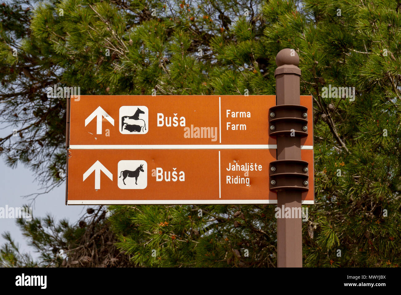 Tourist signpost showing a farm and a riding attraction in the Old City of Dubrovnik, Croatia. Stock Photo