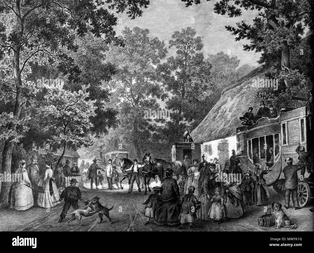 . English: The mail coach in Bremen-Oberneuland, Germany, at the Oberneulander Landstraße in front of the tavern Boschen (later Plate’s Café). Lithography by Johann Georg Walte (1811–1890) from the year 1860. Deutsch: Die Postkutsche in Bremen-Oberneuland an der Oberneulander Landstraße vor der Gaststätte Boschen (später Plate’s Café). Lithografie von Johann Georg Walte (1811–1890) aus dem Jahr 1860. 1860. Johann Georg Walte 499 Postkutsche in Oberneuland - Johann Georg Walte - 1860 Stock Photo