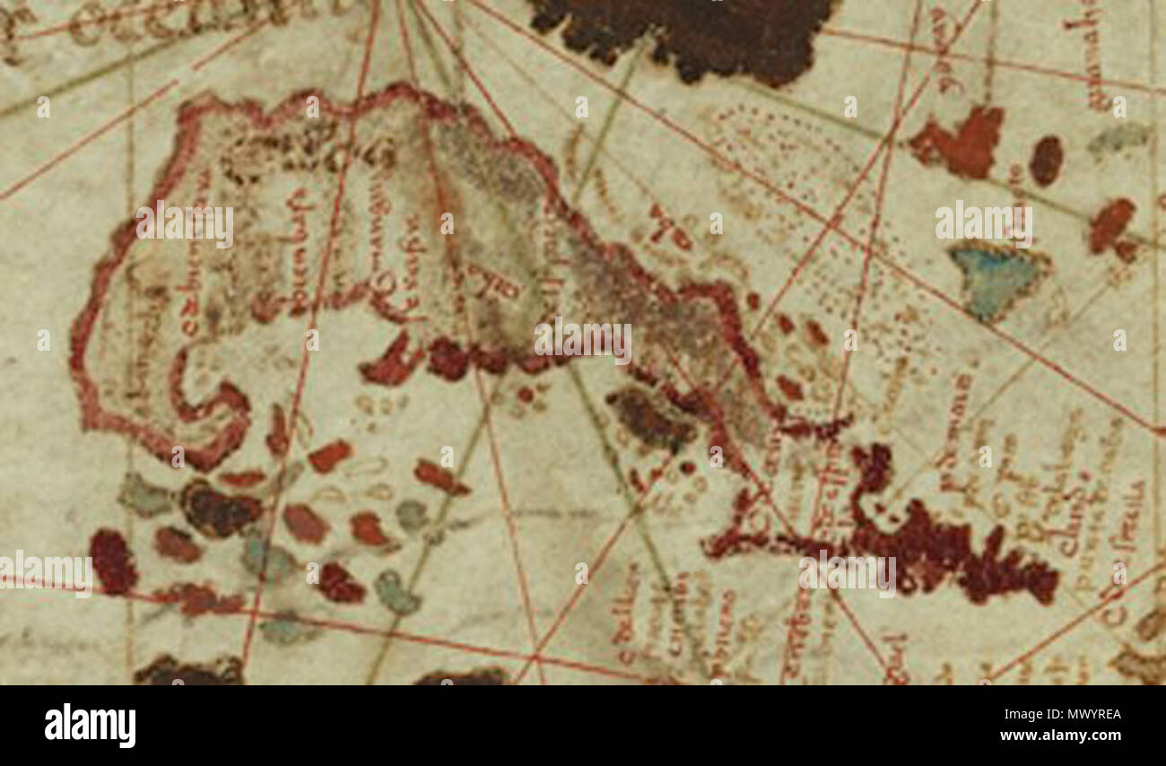 . Español Detalle del mapa de Juan de la Cosa isla de Cuba. 1500
