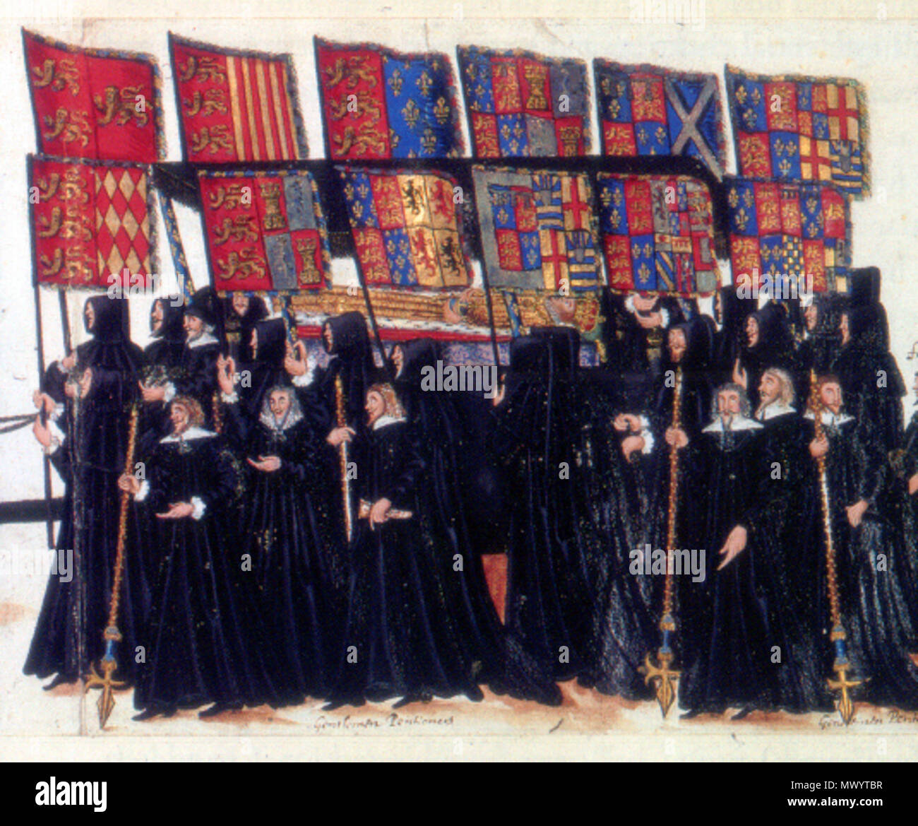 . Deutsch: Trauerzug Elisabeth I English: Banner bearers at the funeral of Elizabeth I of England. The casket of the queen is accompanied by mourners bearing the heraldic banners of her ancestors' coats of arms marshalled (side-by-side) with the arms of their wives. 16 September 2010, 11:12 (UTC).  Funeral Elisabeth.jpg: Unknown derivative work: Jza84 (talk) 232 Funeral Elisabeth (cropped) Stock Photo