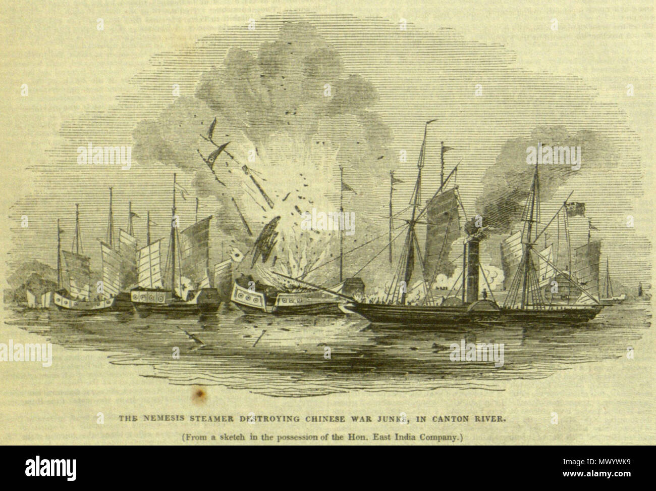 . The HEIC Nemesis steamer destroying Chinese war junks in the Canton River during the First Opium War. 12 November 1842. Unknown 270 HEICo steamer Nemesis Stock Photo