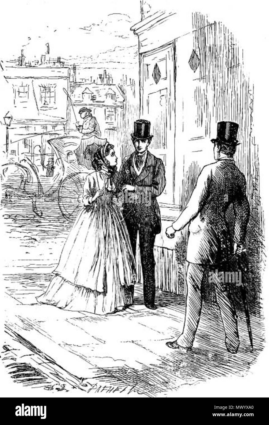 . English: Bella and John Rokesmith encounter Mortimer Lightwood on the street. Stone's illustration for Book 4, 'A Turning,' Chapter 12, 'The Passing Shadow,' appeared in the October, 1865, instalment. The moment realized brings together the Rokesmiths and Mortimer Lightwood, a meeting that John Rokesmith and the novelist have both endeavoured to put off for as long as possible. The London street scene captured in the thirty-eighth illustration is established at the very opening of the chapter. Quite by chance, as they are in the city to 'make some purchases' (656), Bella and John Rokesmith e Stock Photo