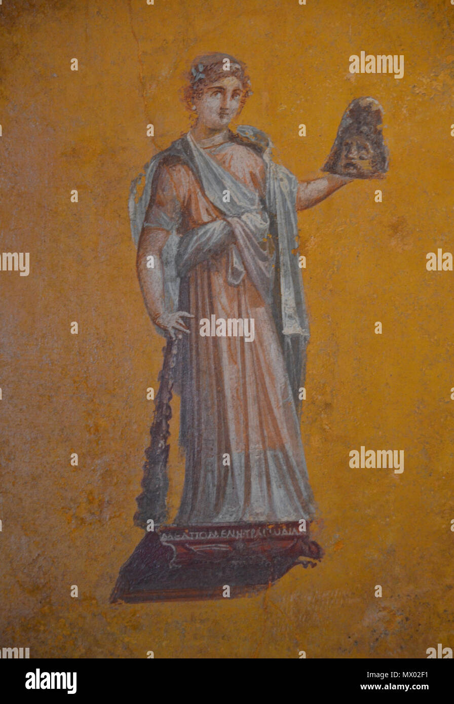 222 Fresco fragment depicting Melpomene (muse of tragedy), from the House of Julia Felix in Pompeii, 62-79 AD, Empire of colour. From Pompeii to Southern Gaul, Musée Saint-Raymond Toulouse (15657473614) Stock Photo