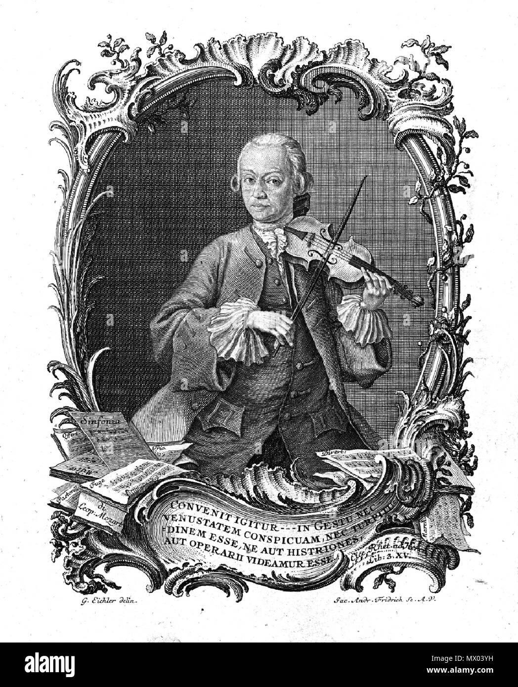 . English: Portrait of Leopold Mozart from his 1756 book Versuch einer Gruendlichen Violinschule . circa 1756. Jac. Andr. Fridrich and G. Eichler 368 LeopoldMozartPortraitFromViolinschule Stock Photo