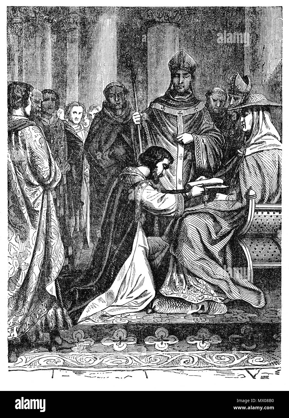 King John pleading with the papal legate Pandulf Verraccio for a reconciliation with the church, following a dispute with Pope Innocent III that led to the king's excommunication in November 1209. The dispute began over the appointment of the Archbishop of Canterbury after the death of Hubert Walter, with the King and Pope Innocent favoured their own candidates. John saw it as an abrogation of his rights as monarch, but under mounting political pressure, John's and the papal terms for submission were accepted in the presence of the papal legate in May 1213 at the Templar Church at Dover. Stock Photo