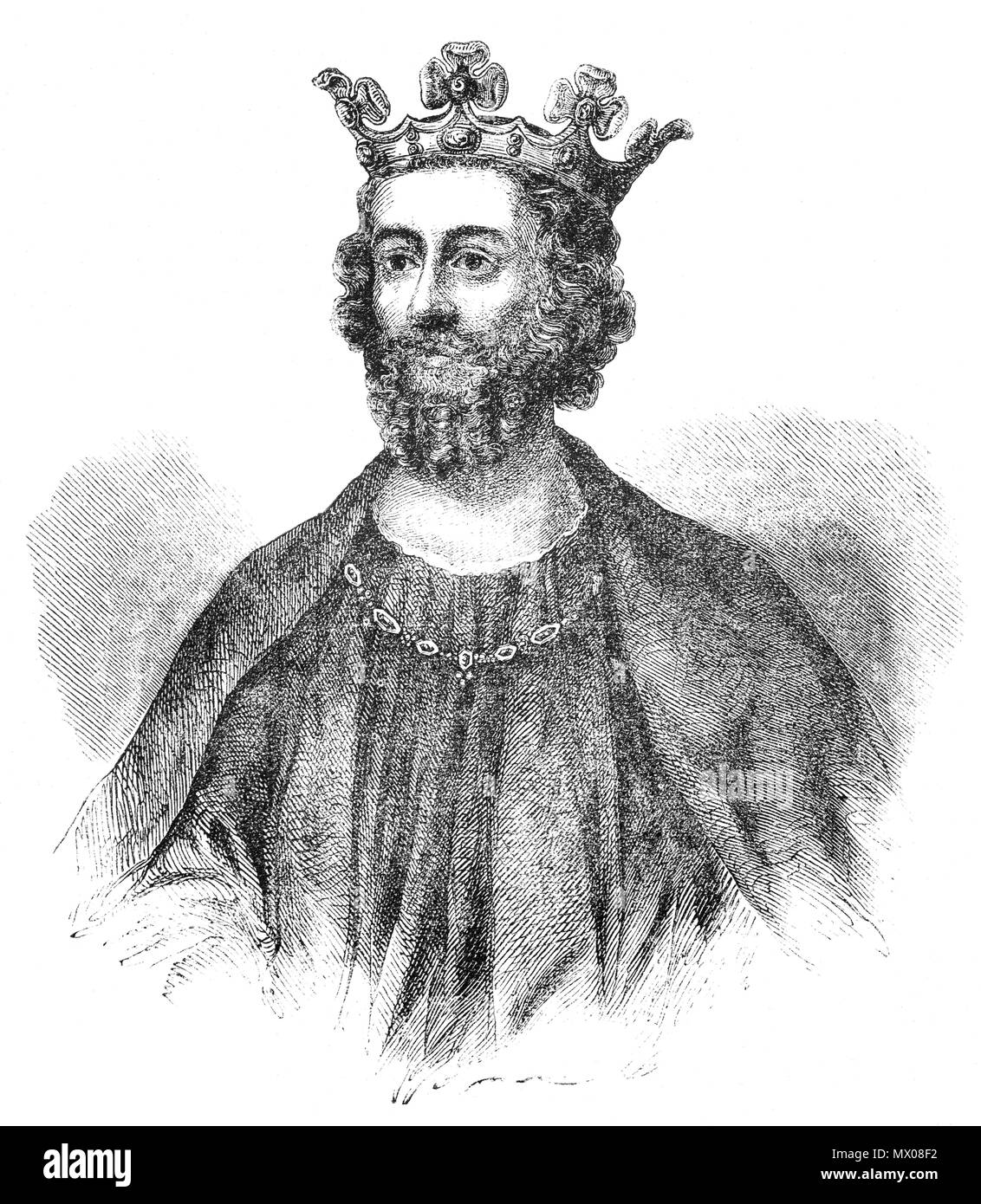 A portrait of King Edward II (1284 – 1327), King of England from 1307 until he was deposed in January 1327. He became the heir apparent to the throne following the death of his older brother Alphonso. Beginning in 1300, Edward accompanied his father on campaigns to pacify Scotland, and in 1306 he was knighted in a grand ceremony at Westminster Abbey. Edward succeeded to the throne in 1307, following his father's death. In 1308, he married Isabella of France, the daughter of King Philip IV, as part of a long-running effort to resolve the tensions between the English and French crowns. Stock Photo