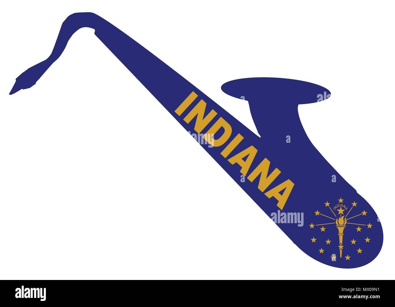 Silhouette of a saxophone with an impression the flag of the USA state of indiana over a white background Stock Vector