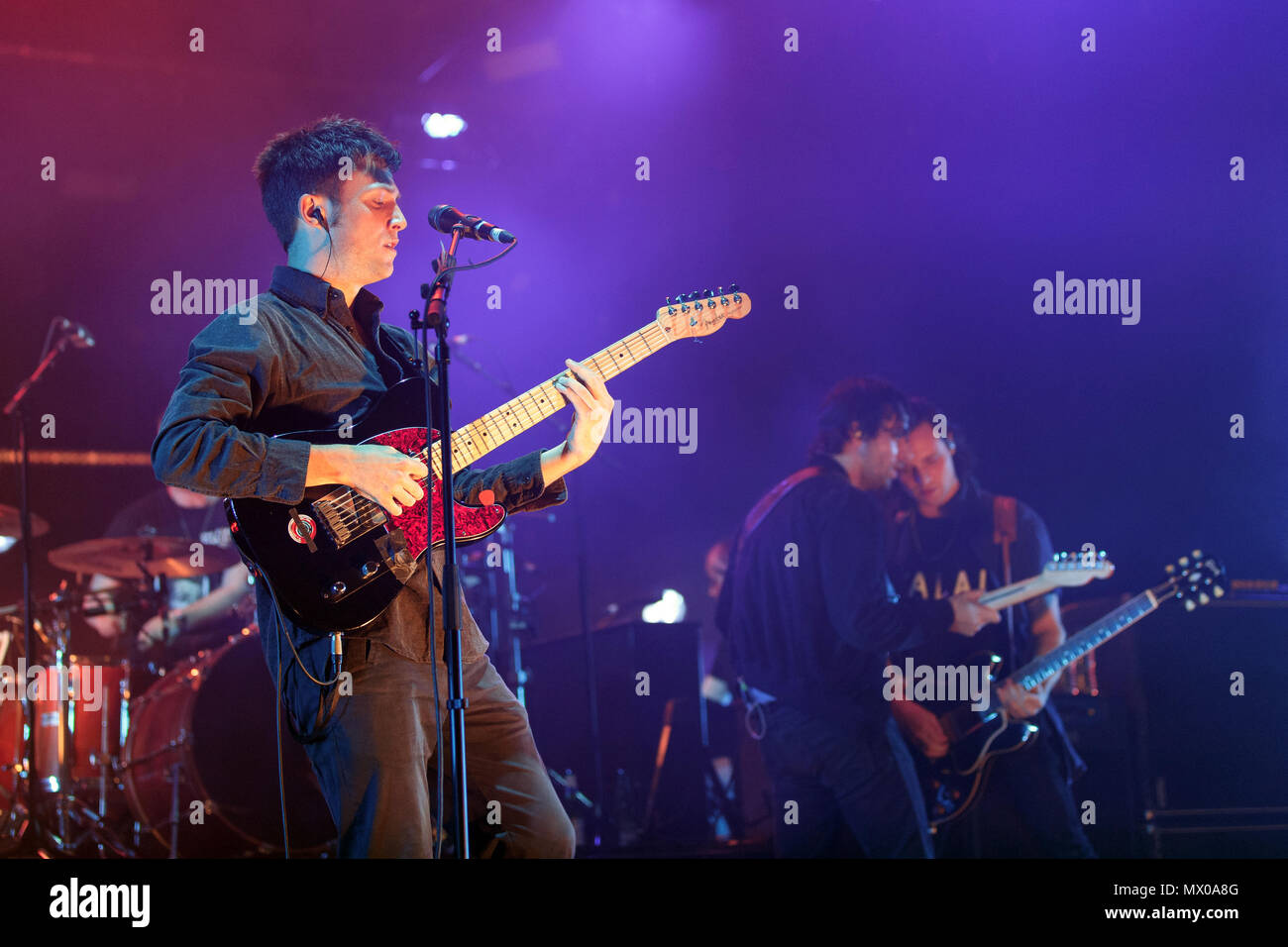 The Maccabees live onstage on the opening night of their five-date farewell tour in 2017. Pictured are singer-guitarist Orlando Weeks (left) and guitarists Felix White and Hugo White (right). The Maccabees live, The Maccabees in concert, The Maccabees band. Stock Photo