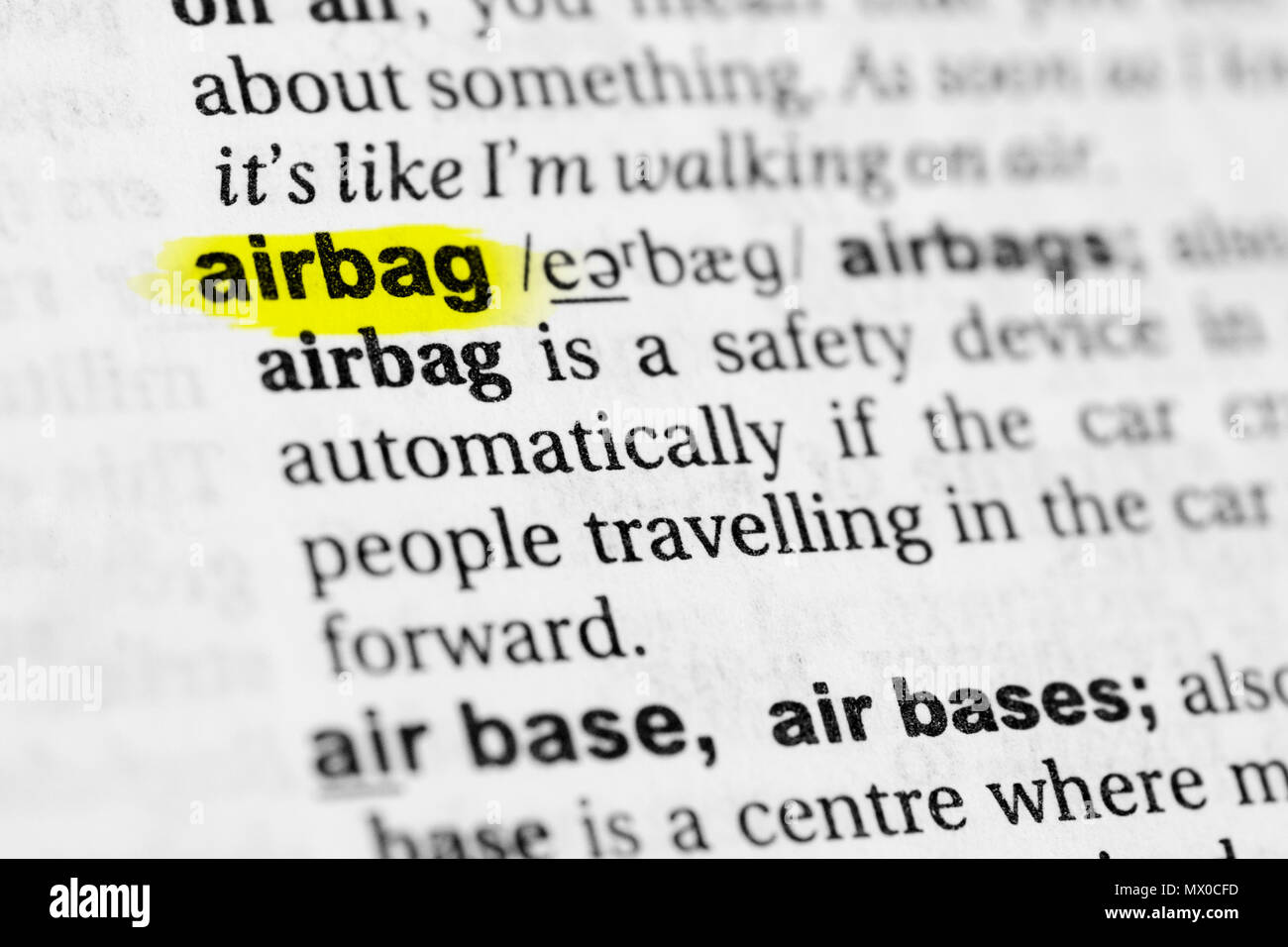 Highlighted English word "airbag" and its definition in the dictionary