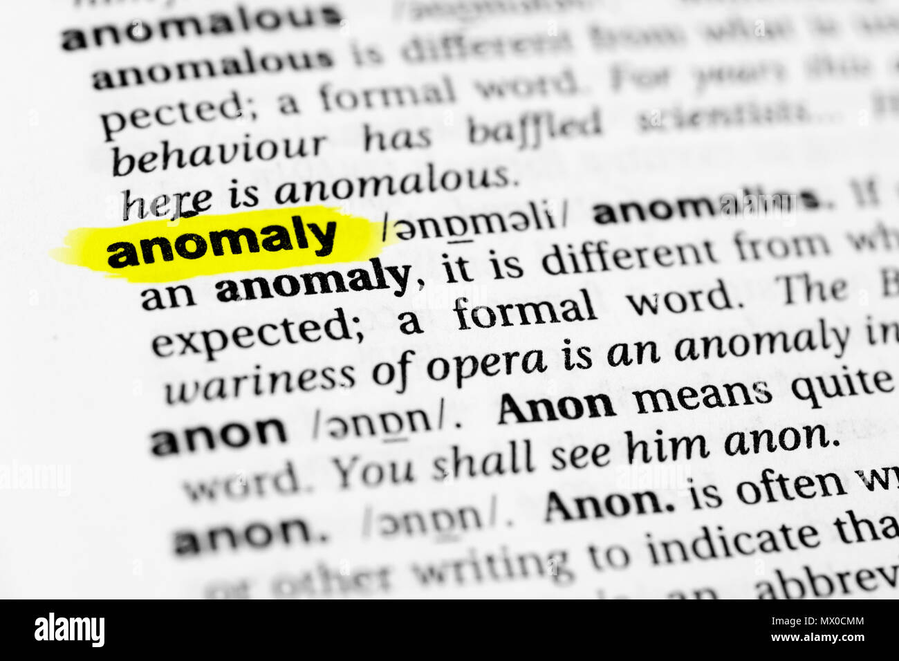 Highlighted English word "anomaly" and its definition in the dictionary