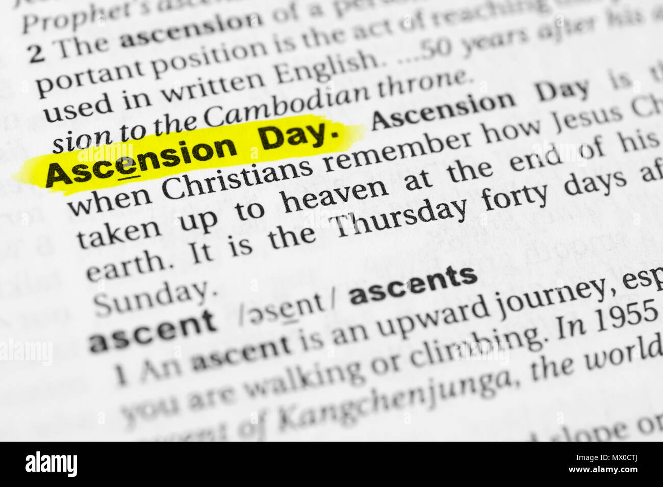 Highlighted English word "Ascension Day" and its definition in the