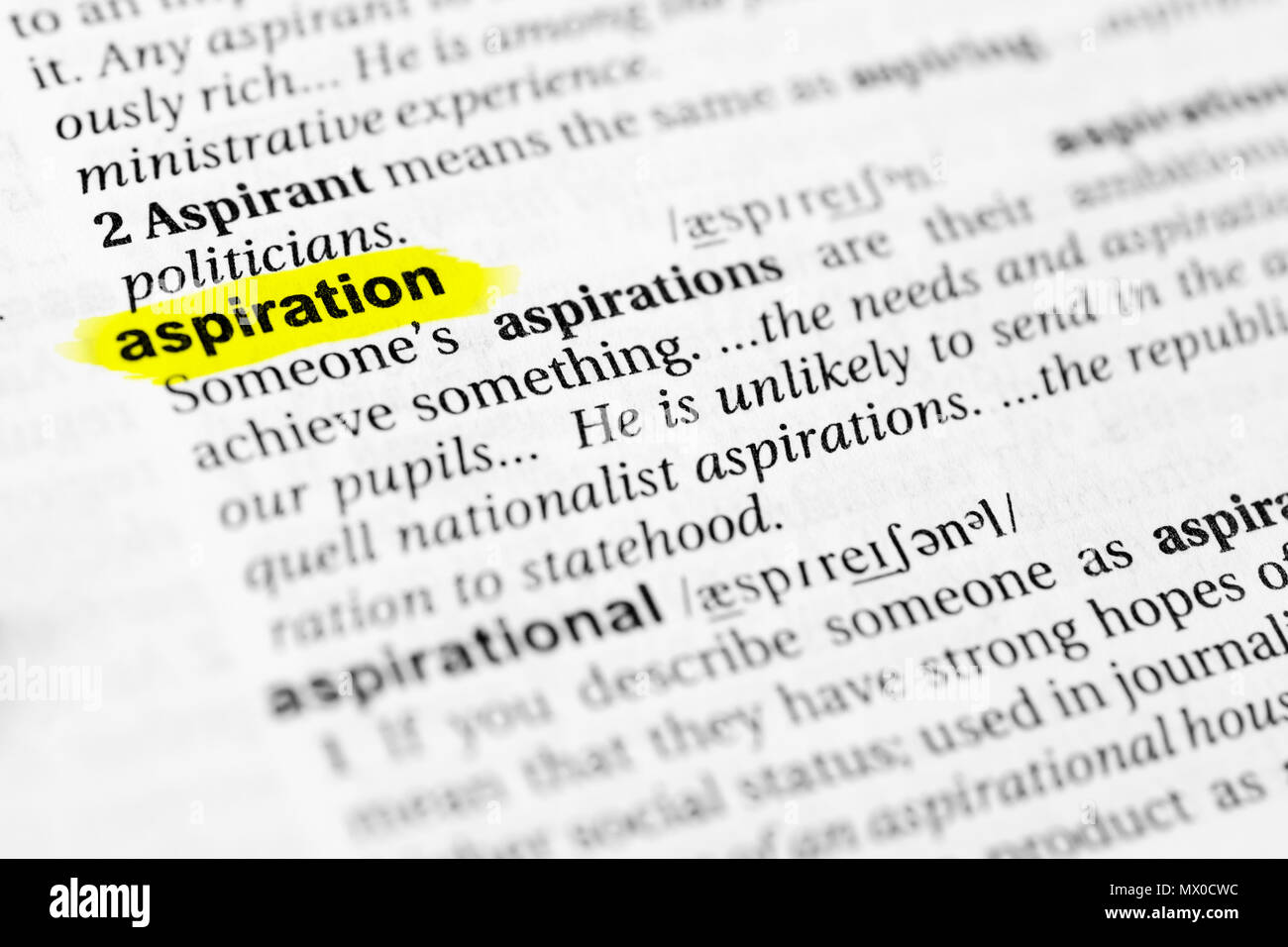 Highlighted English word "aspiration" and its definition in the dictionary  Stock Photo - Alamy