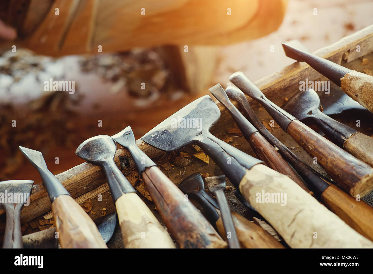 Wood  craft equipment object wood carve with a gouge on the workbench in carpentry. Stock Photo