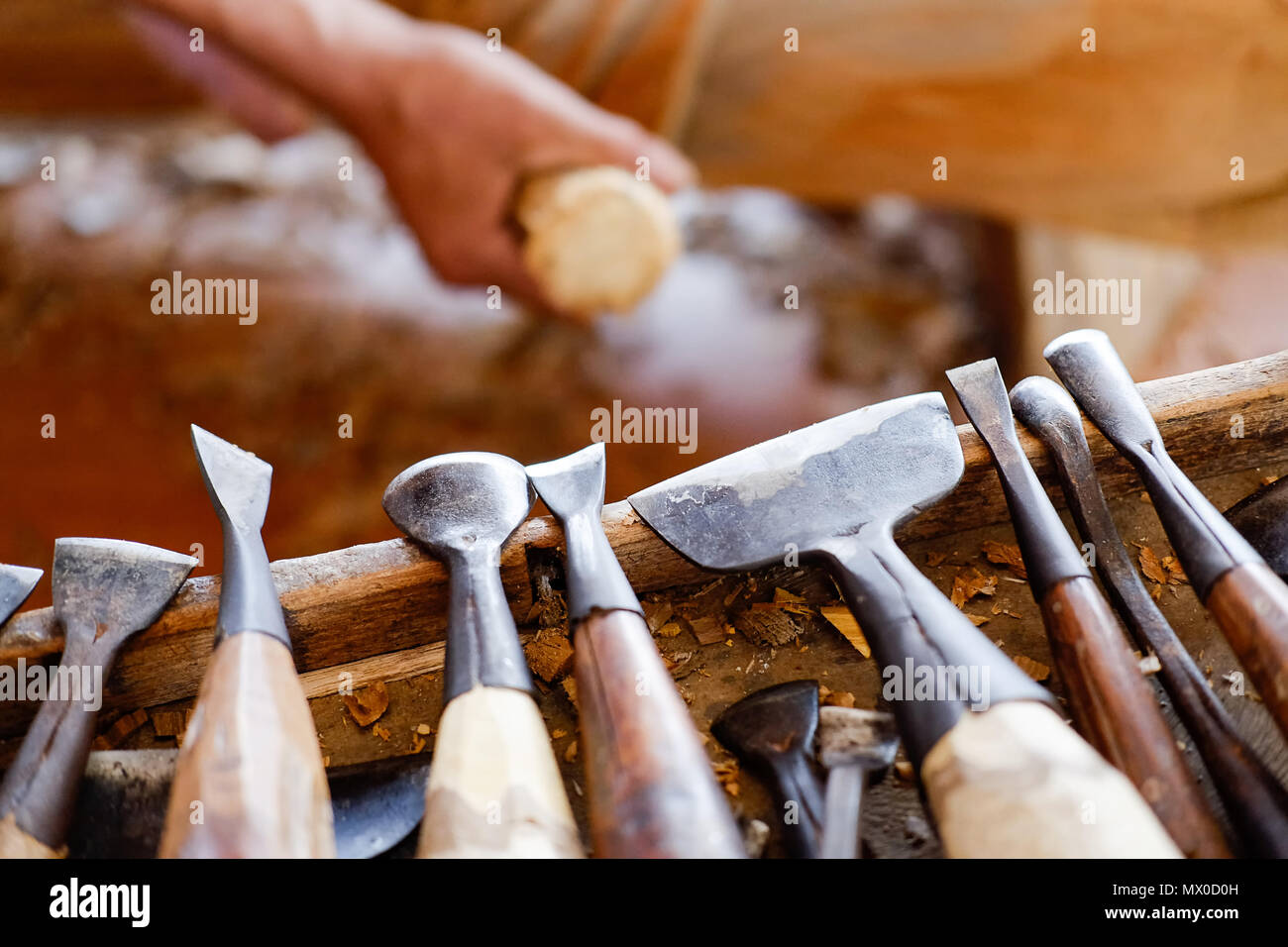 Wood  craft equipment object wood carve with a gouge on the workbench in carpentry. Stock Photo