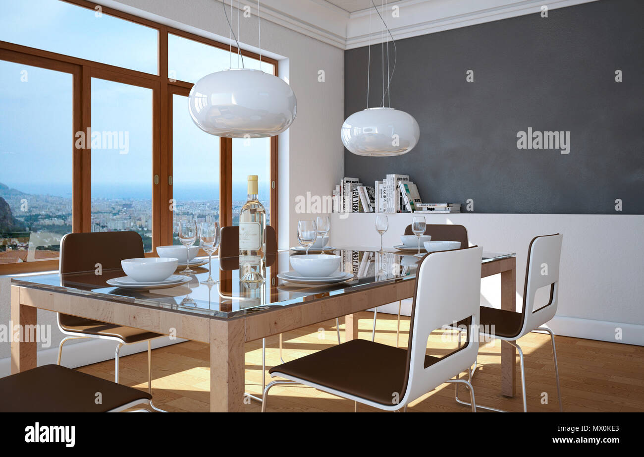 Dining room interior design with grey wall Stock Photo - Alamy