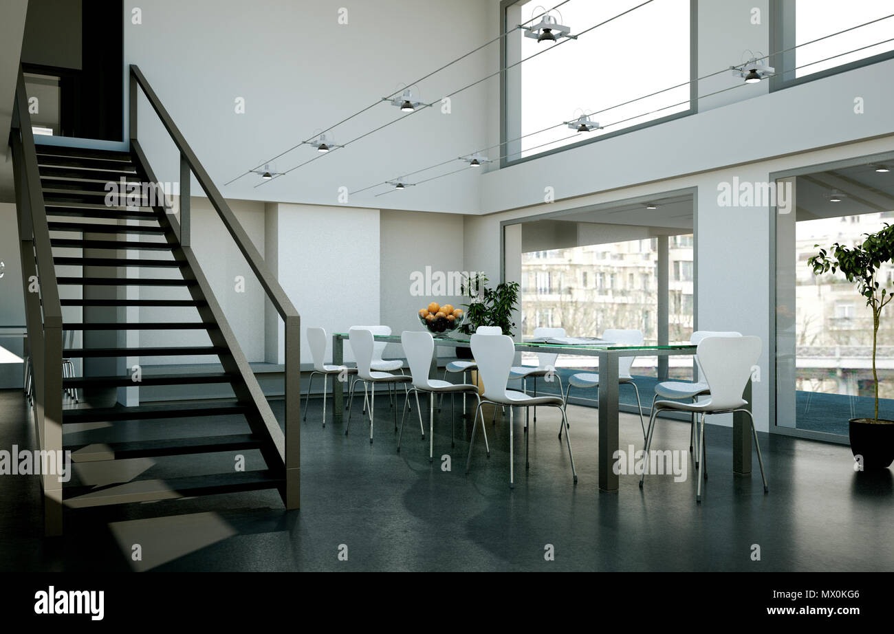Dining room interior design in modern loft Stock Photo - Alamy