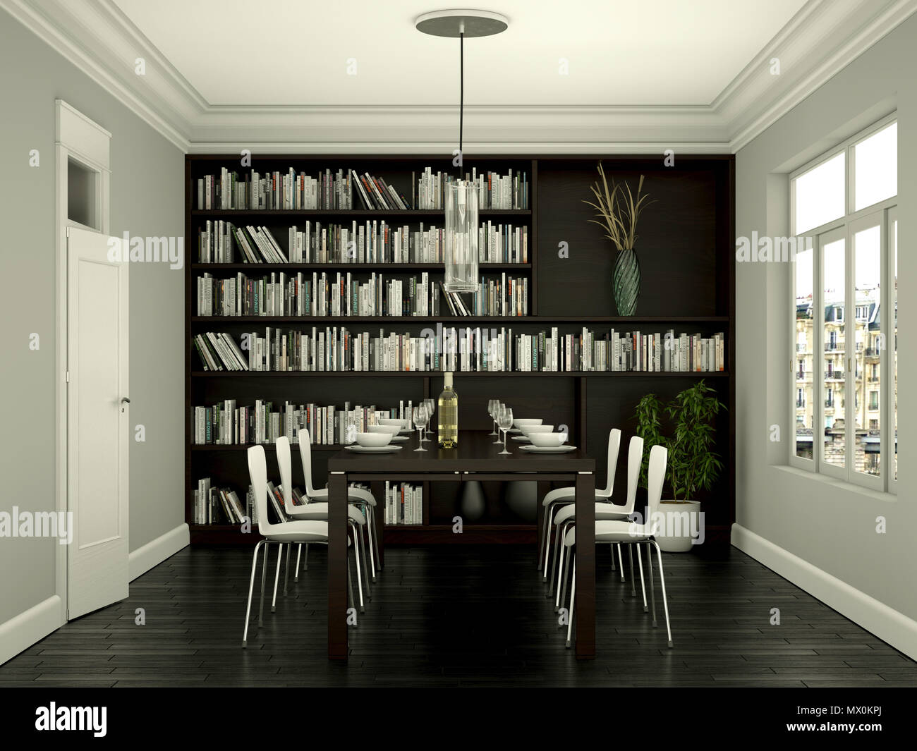Dining room interior design with grey wall Stock Photo - Alamy