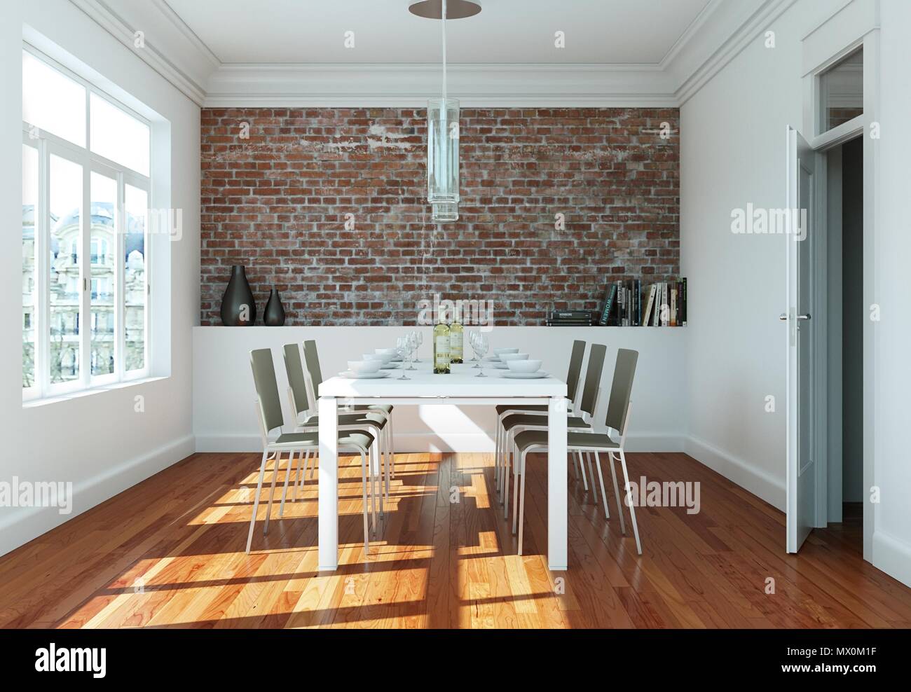 Dining room interior design with stone wall Stock Photo - Alamy