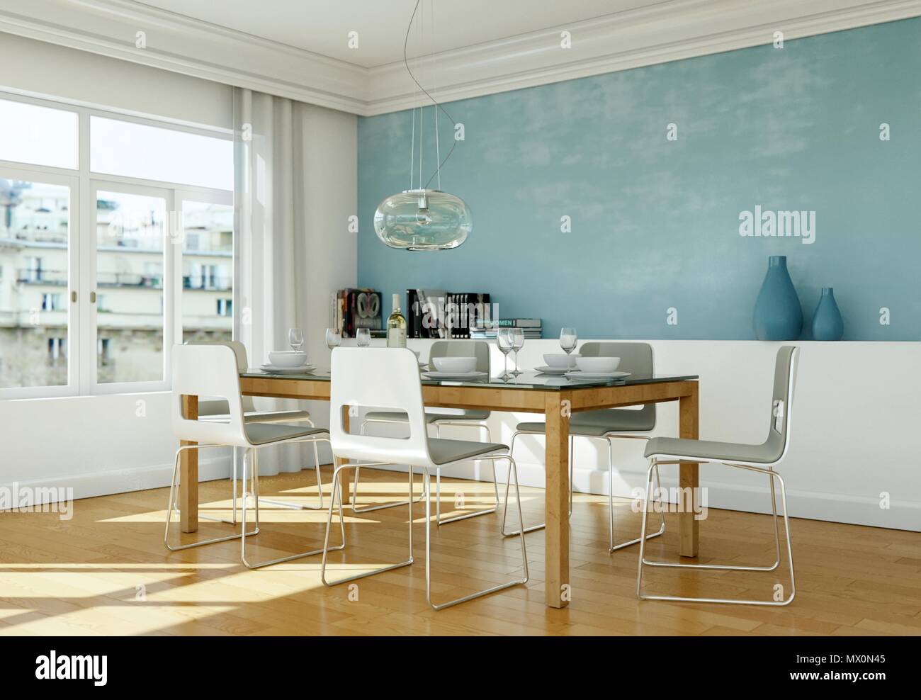 Dining room interior design with blue wall Stock Photo Alamy