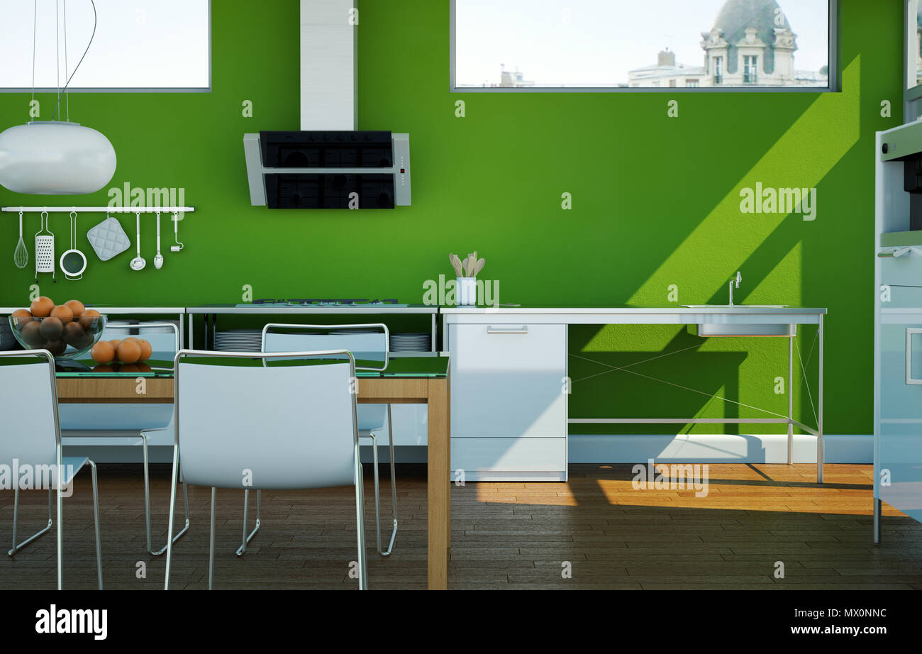 White Modern Kitchen In A House With Green Walls Stock Photo