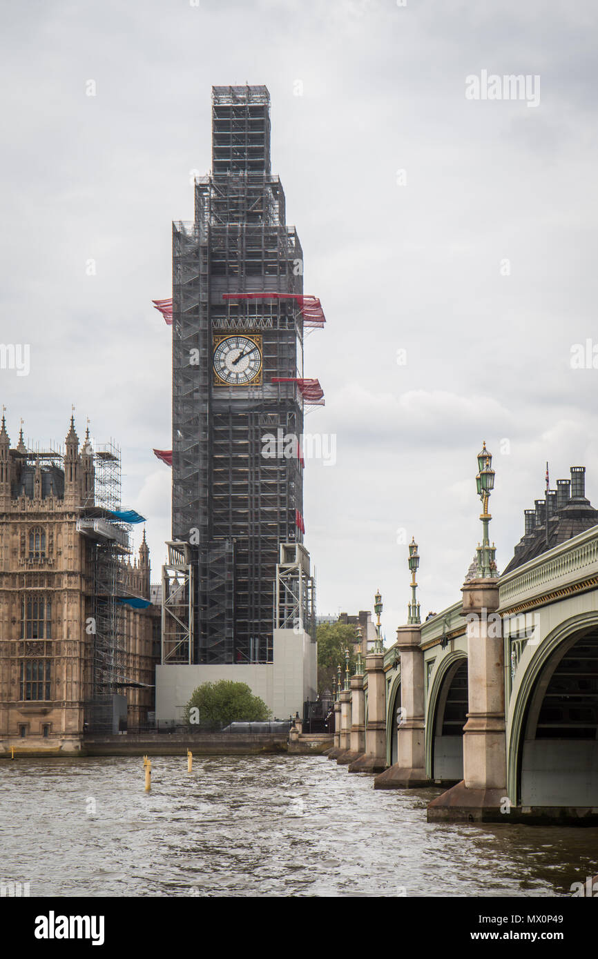 The Elizabeth Tower covered in scaffholding during  repair work Stock Photo