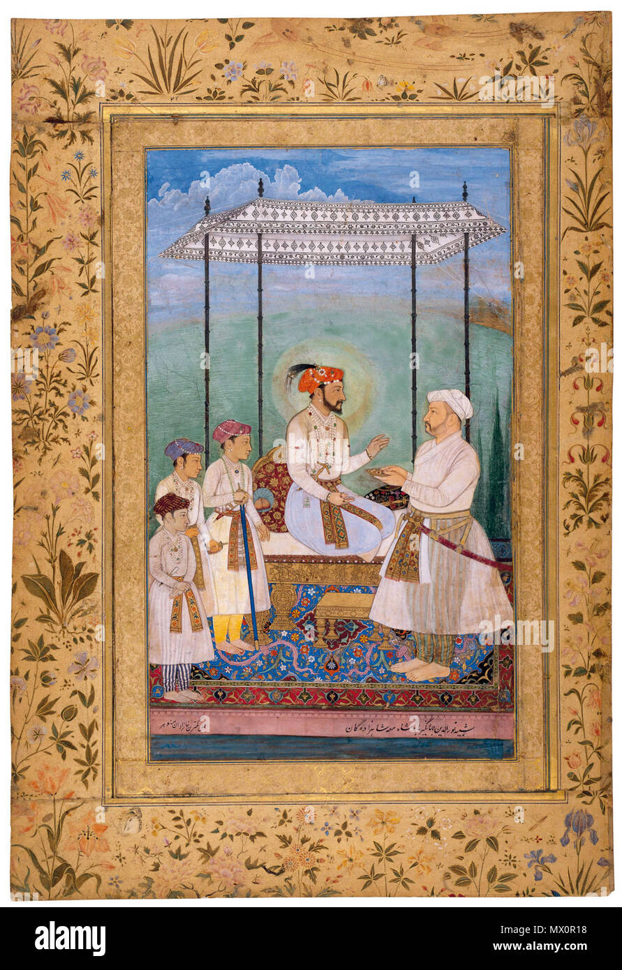 . English: The emperor sits in haloed profile upon a gold-footed throne under a high white canopy, flanked by his three young princes who stand on the left. All are resplendent with opulently bejewelled turbans, necklaces, qatar daggers, and sashes (patkas) against a rounded backdrop of turquoise, perhaps suggesting a globe, as golden light appears on the right. The inscription on this Mughal painting identifies it as a portrait of emperor Jahangir and his three sons, but what we see today are the faces of Shah Jahan (r. 1628-57 CE) and his three eldest sons - Dara Shikoh (1615-59 CE), Shah Sh Stock Photo