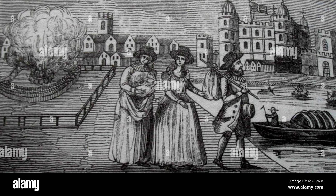 . English: Catherine Willoughby, Duchess of Suffolk, fleeing Catholic England with her husband Richard Bertie, her daughter Susan and a wetnurse. Deutsch: Catherine Willoughby, Herzogin von Suffolk, flieht aus dem katholischen England mit ihrem Mann Richard Bertie, ihrer Tochter Susan und einer Amme. 17th century. Unknown 119 Catherine Willoughby exiled Stock Photo