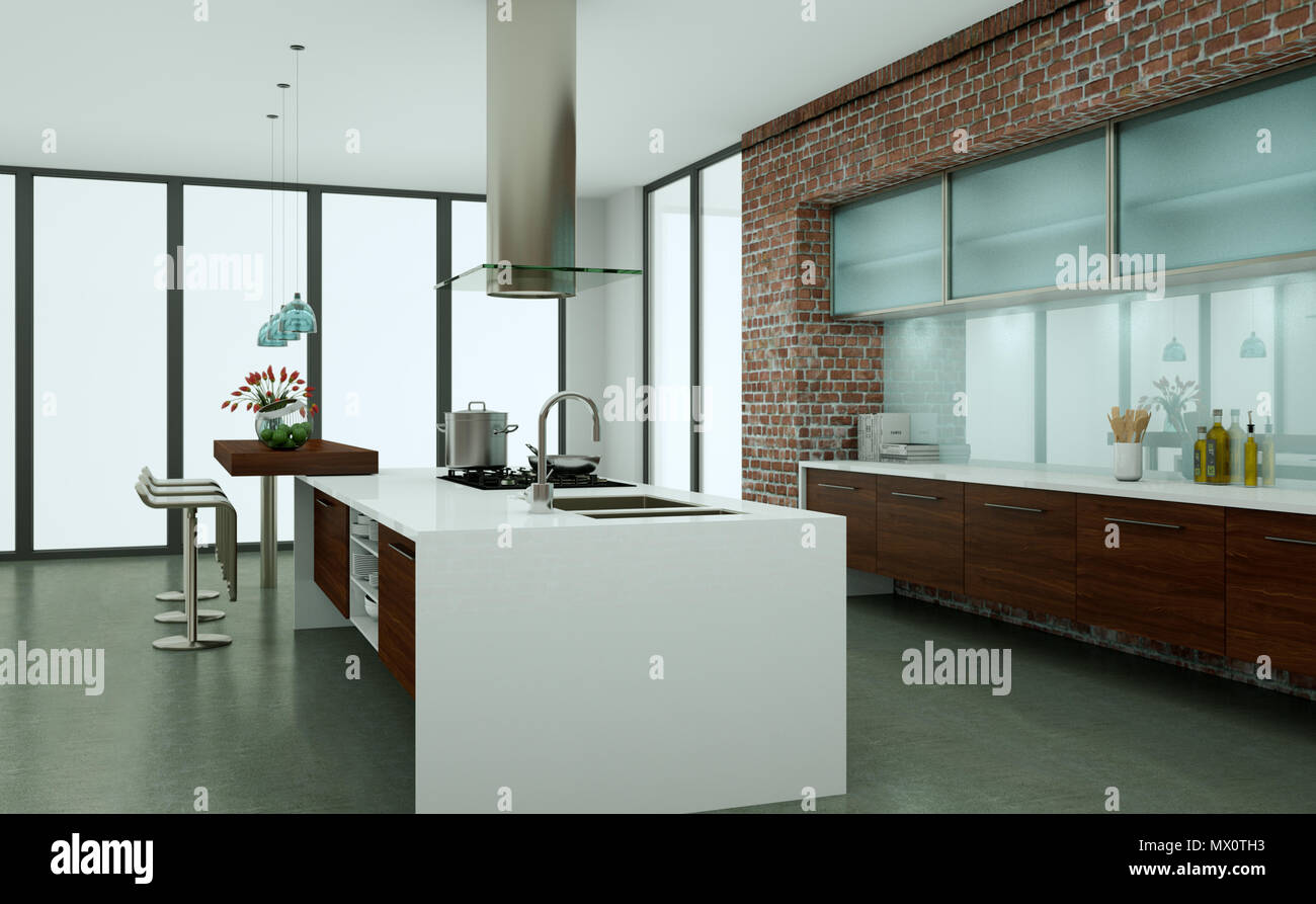 Wooden modern kitchen in a loft with stone wall Stock Photo - Alamy