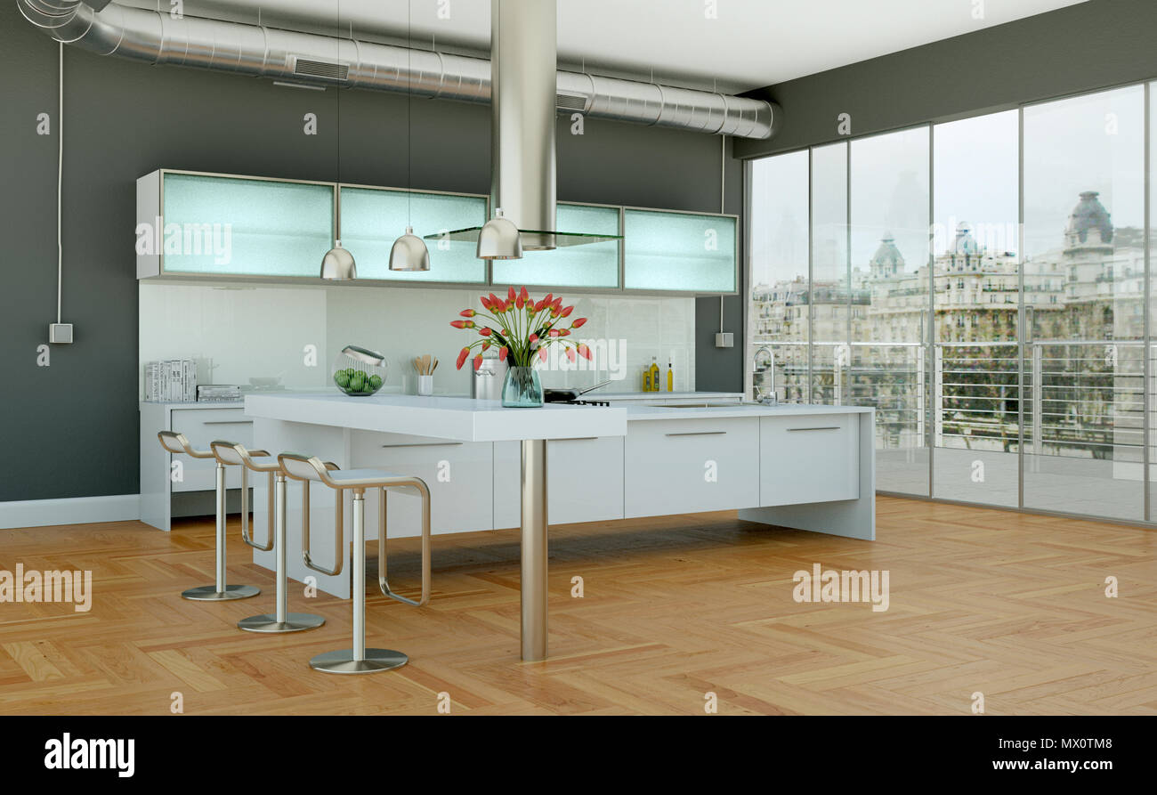 modern kitchen in a loft with grey walls Stock Photo - Alamy