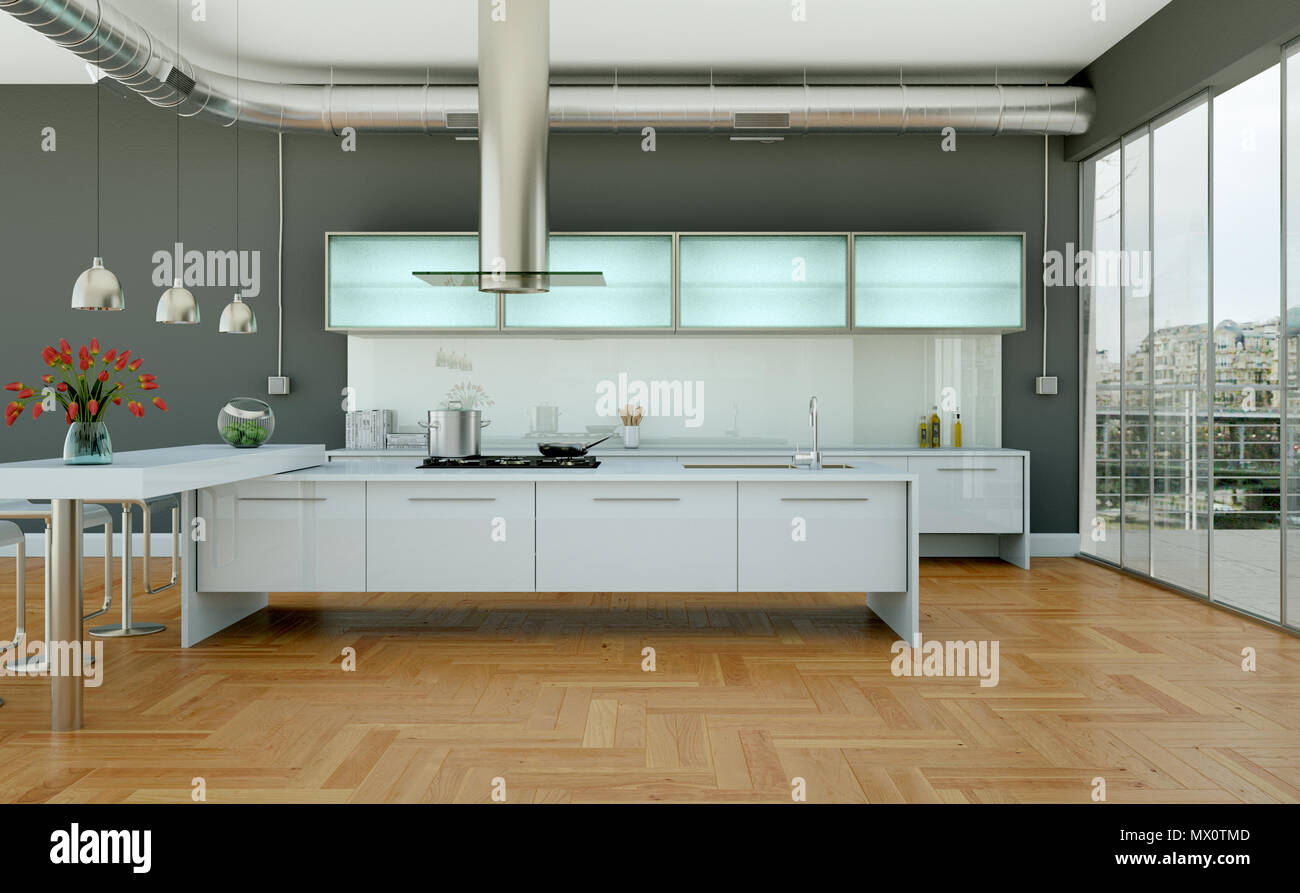 modern kitchen in a loft with grey walls Stock Photo - Alamy