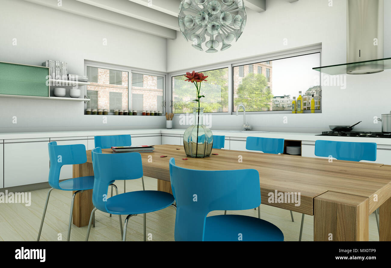White modern kitchen in a house with blue chairs and wooden table Stock ...