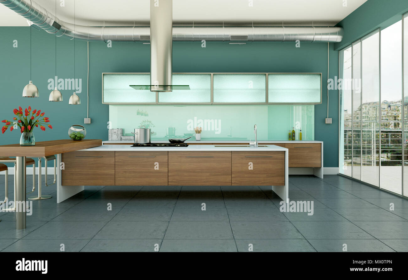 modern kitchen in a loft with grey walls Stock Photo - Alamy