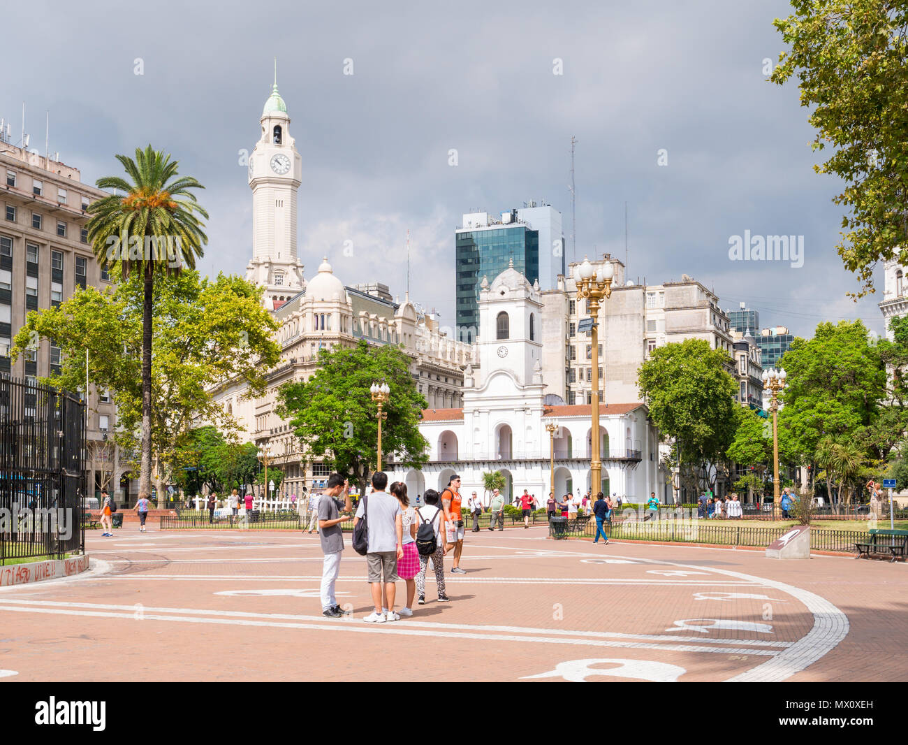 People on main square Plaza de Mayo and Cabildo building in Monserrat district of capital Buenos Aires, Argentina Stock Photo