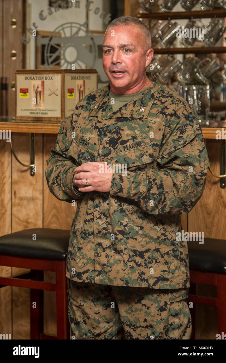 U.S. Marine Corps Col. Joseph J. Russo, commanding officer, 14th Marine Regiment, 4th Marine Division, addresses the audience during a Bronze Star Presentation on Camp Pendleton, Calif., May 1, 2017. Maj. Palka received the Bronze Star for heroic service in connection with combat operations against the enemy while serving as a Commander, Battery E, Battalion Landing Team, 2nd Battalion 6th Marine Regiment, 26th Marine Expeditionary Unit, in support of Operation Inherent Resolve from 12 March to 25 May 2016. Stock Photo