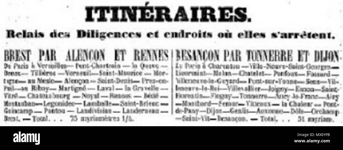 . Français : Encart publicitaire publié dans la revue 'La Diligence' en 1845 indiquant les relais de diligence sur les itinéraires de Paris à Brest et de Paris à Besançon. 16 October 2016, 06:31:15. Anonyme (1845) 516 Relais diligence Stock Photo