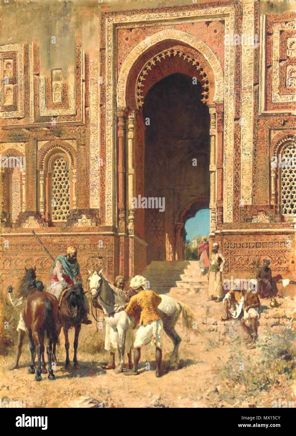 . English: 'Indian Horsemen at the Gateway of Alah-ou-din, Old Delhi,' by Edwin Lord Weeks, c.1895 Source: http://www.christies.com/LotFinder/search/LotDetail.asp?sid=&intObjectID=4380807&SE=CMWCAT04+106463+%%%%2D1917709763+&QR=M+1+39+Aqc0000900+96560++Aqc0000900+&entry=india&SU=1&RQ=True&AN=40 (downloaded Nov. 2004) 'Edwin Lord Weeks (American, 1849-1903). 'Indian horsemen at the Gateway of Alah-ou-din, Old Delhi. Signed 'E. L. Weeks' (lower left)' oil on canvas.38 x 28 in. (96.5 x 71.1 cm.).' Literature: Exhibition catalogue, The Empire of India Exhibition, London 1895, p. 214 (with the titl Stock Photo