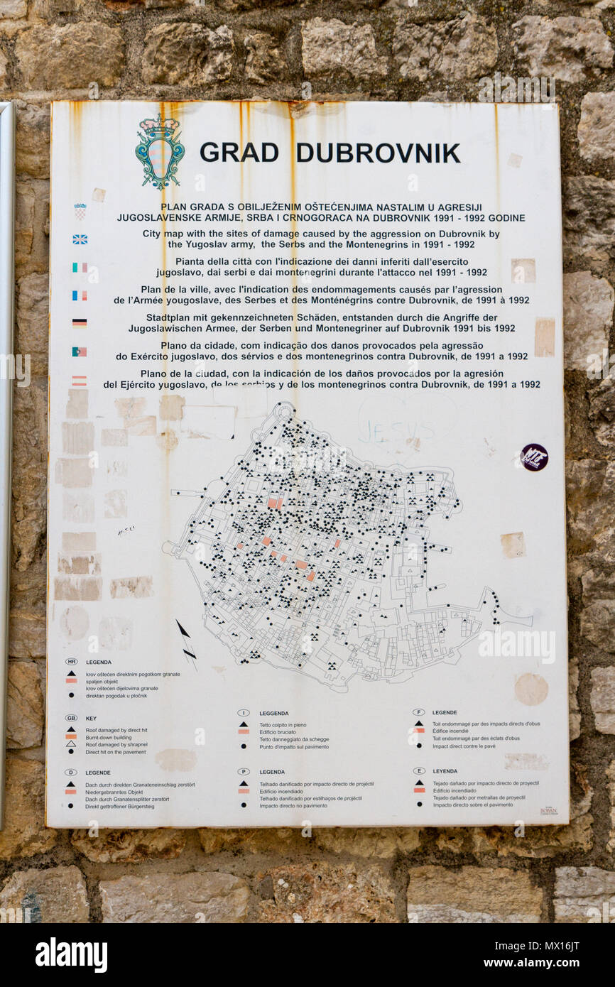 One of the city maps showing sites of damage from the Homeland War in 1991-92 on the walls of the Old City of Dubrovnik, Croatia. Stock Photo