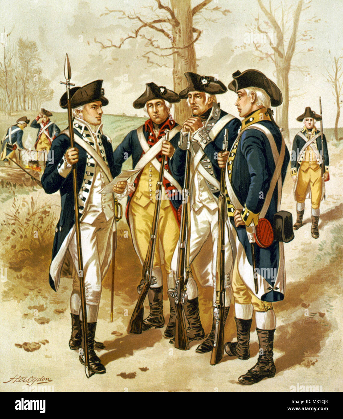 . English: Infantry: Continental Army, 1779-1783, by Henry Alexander Ogden, IV / H. A. Ogden; lith. by G. H. Buek & Co., N.Y. Summary: Illustration depicts uniforms and weapons used during the 1779 to 1783 period of the American Revolution by showing four soldiers standing in an informal group. CALL NUMBER: LOT 4295 [item] [P&P] REPRODUCTION NUMBER: LC-USZC4-2135 (color film copy transparency) LC-USZ62-12383 (b&w film copy neg.) MEDIUM: 1 print : lithograph, color. FORMAT:Lithographs Color 1890-1900. REPOSITORY: Library of Congress Prints and Photographs Division Washington, D.C. 20540 USA DIG Stock Photo