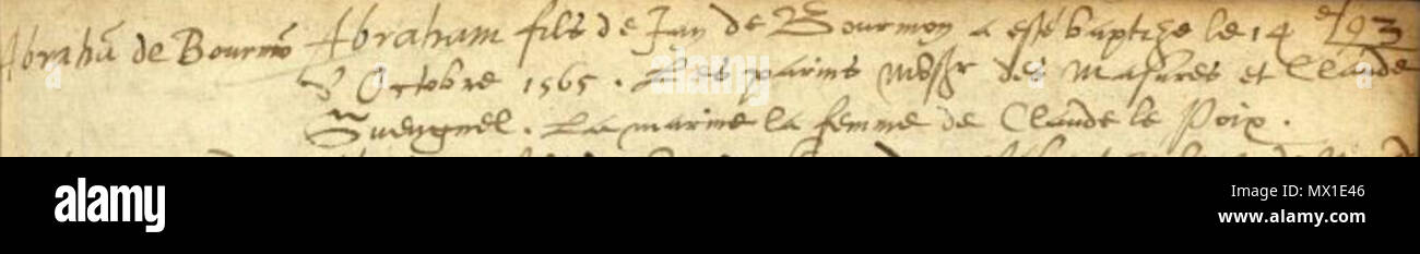 . Français : Metz AM : GG 236 vue 168 (extrait) . 1565. Goudimel et Des Masures parrains d'un enfant en 1565 à Metz. 251 Goudimel - Parrain 1565 Stock Photo