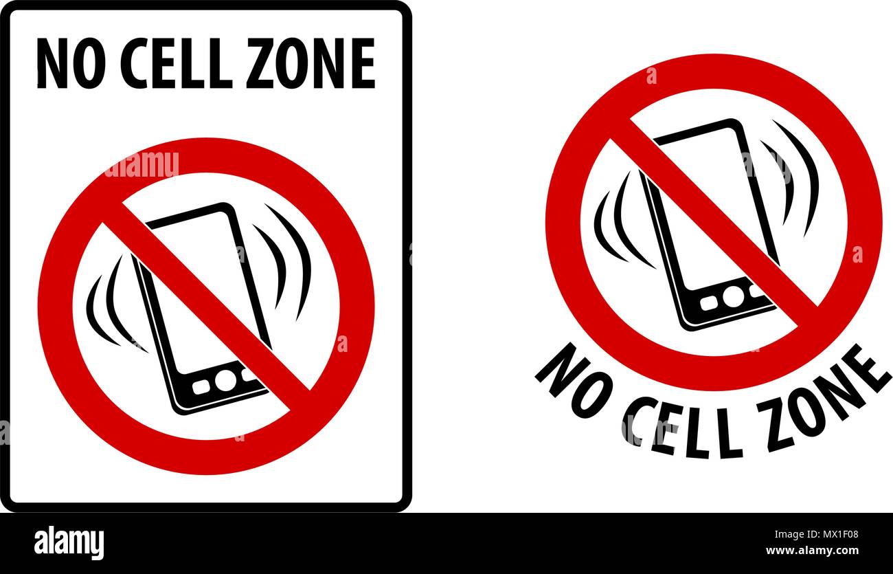No cell zone sign. Simple black lines drawing of mobile phone symbol in red crossed circle. Rectangle and round version. Stock Vector