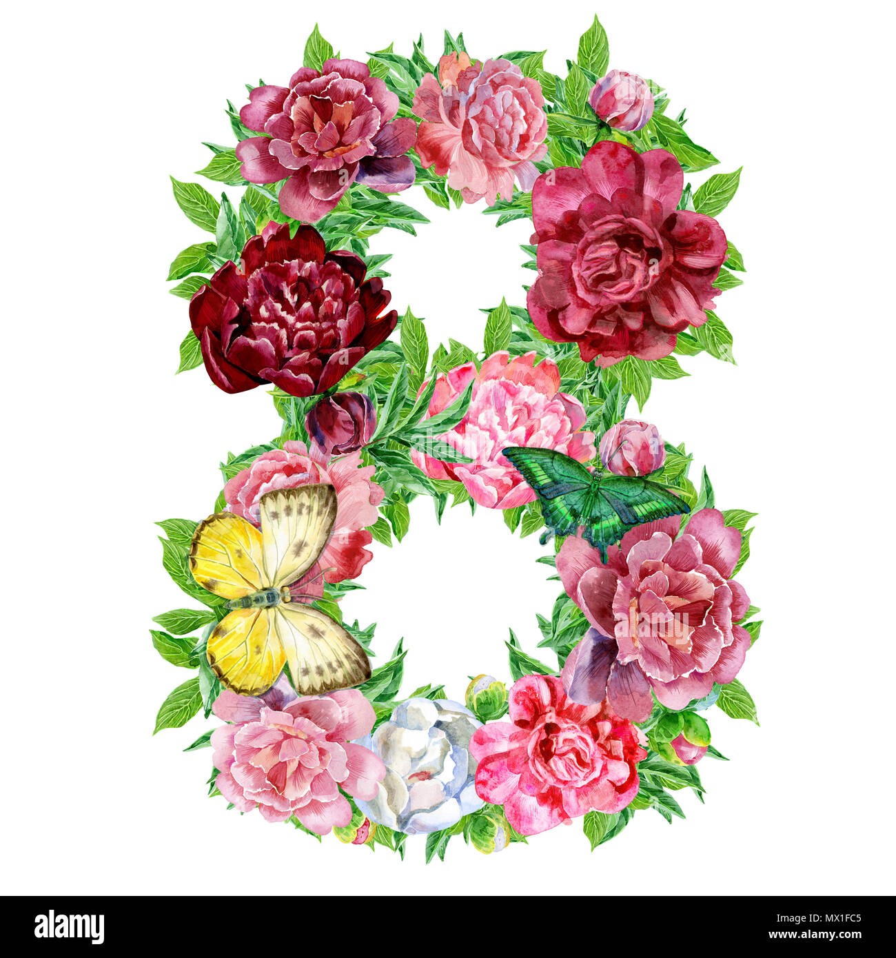 い出のひと時に、とびきりのおしゃれを！ watercolor of eight Number flowers, a on drawn hand isolated 絵画